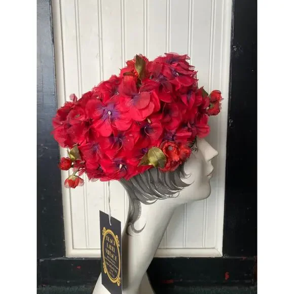 vintage 1950s red flower hat pillbox 50s fashion easter 3-D millinery rockabilly - Picture 2 of 6